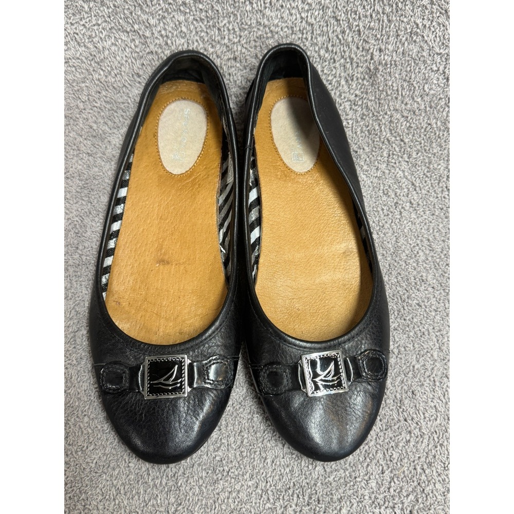 Sperry Top-Sider Women's Leather Ballet Flats Black Logo Buckle Size 8M